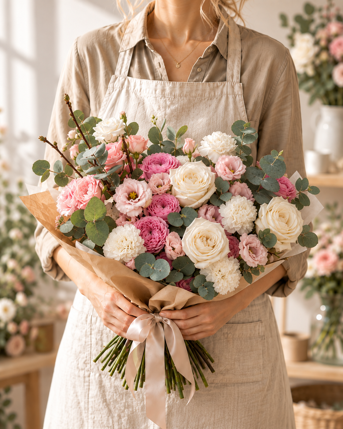 Florist in a cream apron holding a hand-tied bouquet of white roses, pink blooms and eucalyptus