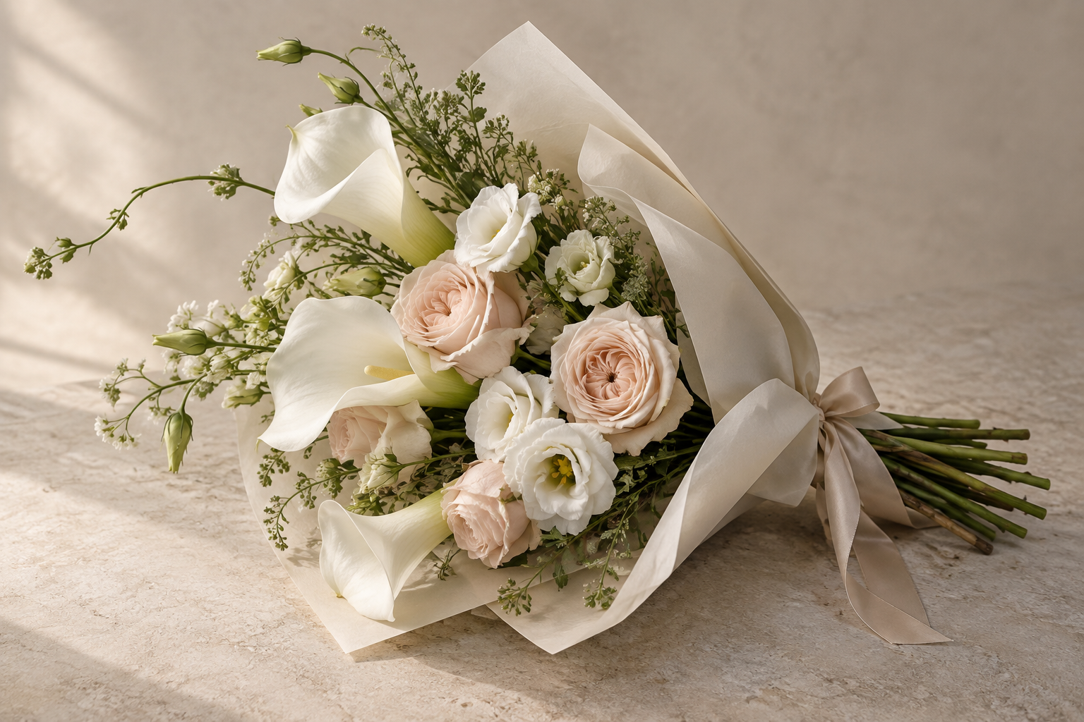 Elegant ivory calla lilies and blush roses wrapped in cream paper with a tonal ribbon