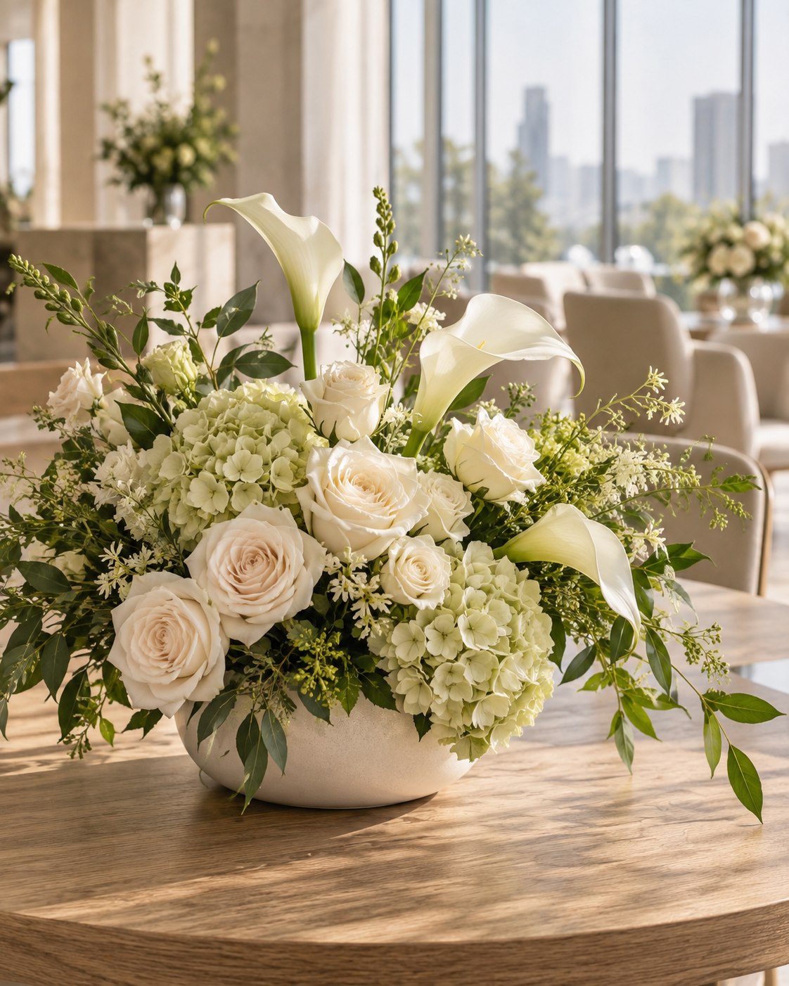 White roses, calla lilies and fresh greenery at an elegant business reception