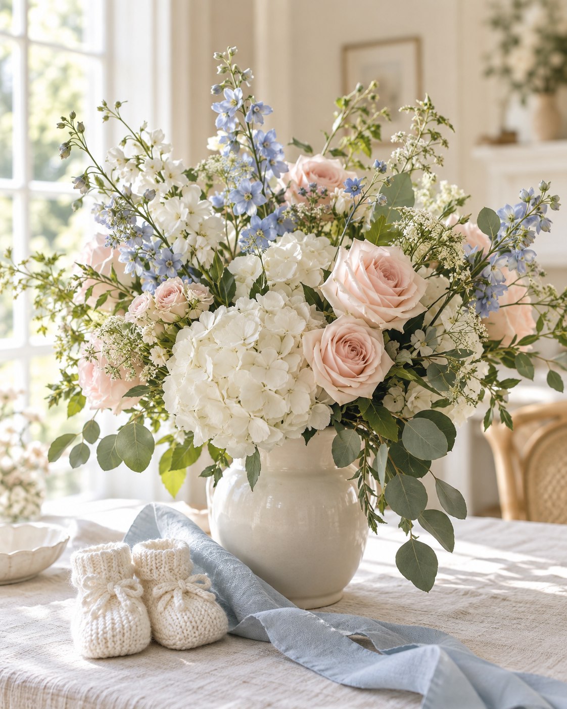 Airy blush, white and blue shower flowers beside cream knitted baby booties