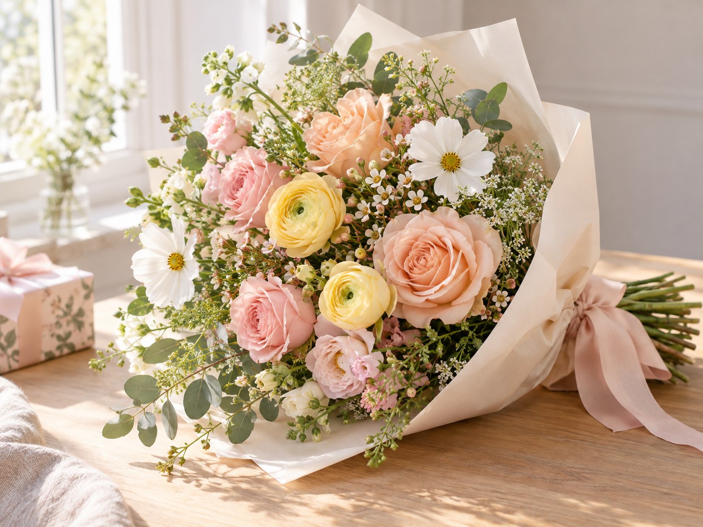 Fresh peach, pink and butter-yellow birthday flowers wrapped in cream paper