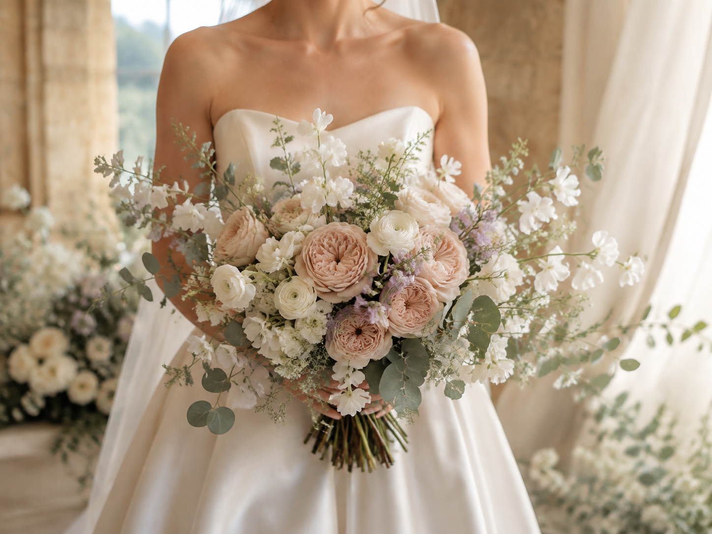 Bride holding a garden-inspired blush and ivory wedding bouquet